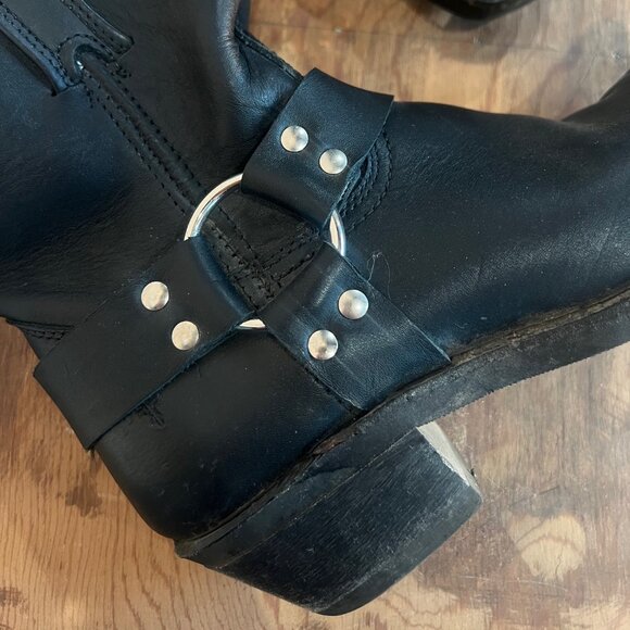 FRYE Harness Leather Belted Western Moto Boot - Black Square Toe 9/8R Women’s - Picture 6 of 9
